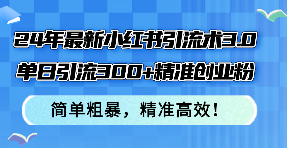 24年最新小红书引流术3.0，单日引流300+精准创业粉，简单粗暴，精准高效！-冒泡网
