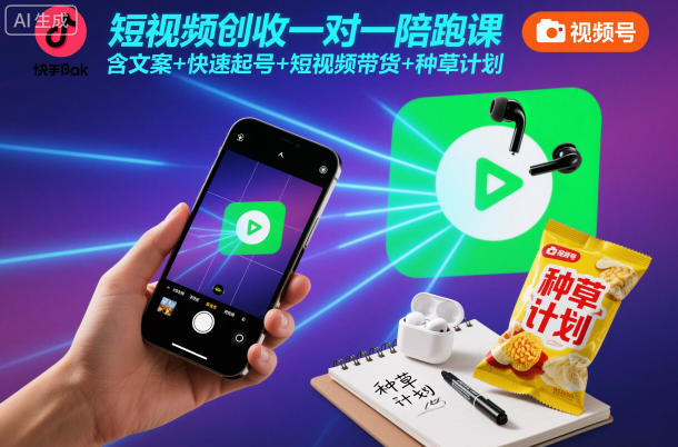 短视频创收一对一陪跑课，含文案+快速起号+短视频带货+种草计划-冒泡网