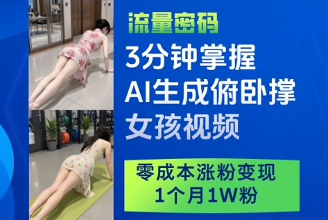 3分钟掌握AI生成俯卧撑女孩视频，零成本涨粉变现，1个月1W粉-冒泡网