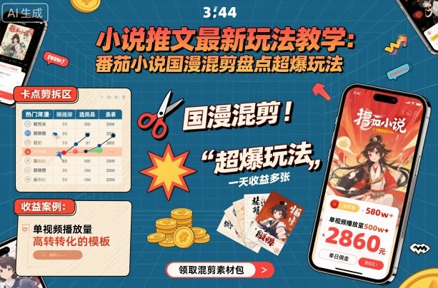 小说推文最新玩法教学，番茄小说国漫混剪盘点超爆玩法，全程干货，一天收益多张-冒泡网