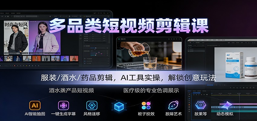多品类短视频剪辑课：服装/酒水/药品剪辑，AI工具实操，解锁创意玩法-冒泡网