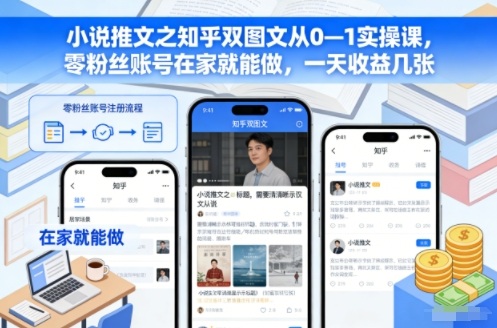 小说推文之知乎双图文从0—1实操课，零粉丝账号在家就能做，一天收益几张-冒泡网