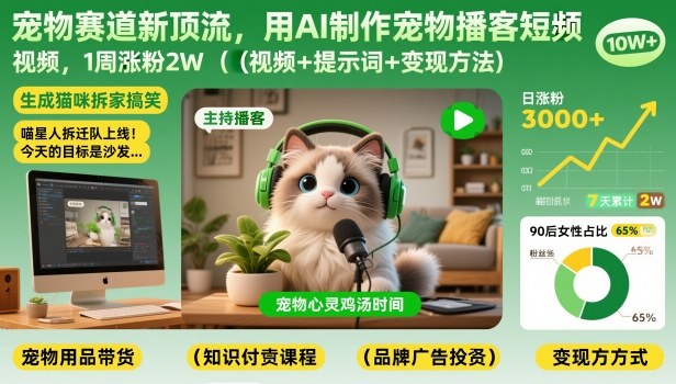 宠物赛道新顶流，用AI制作宠物播客短视频，1周涨粉2W(视频+提示词+变现方法)-冒泡网