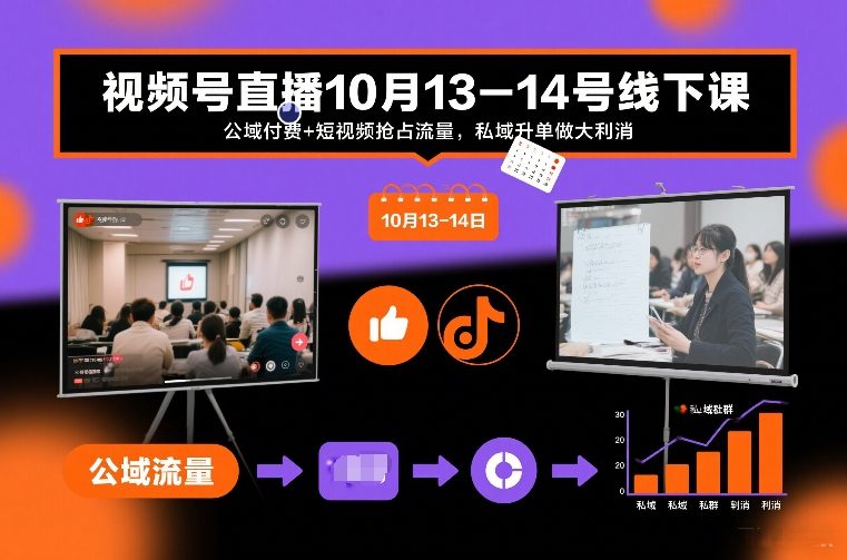 视频号直播10月13-14号线下课，公域付费+短视频抢占流量，私域升单做大利消-冒泡网