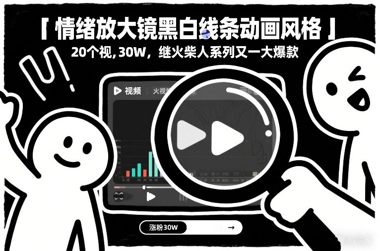 情绪放大镜黑白线条动画风格，20个视频，涨粉30W，继火柴人系列又一大爆款-冒泡网