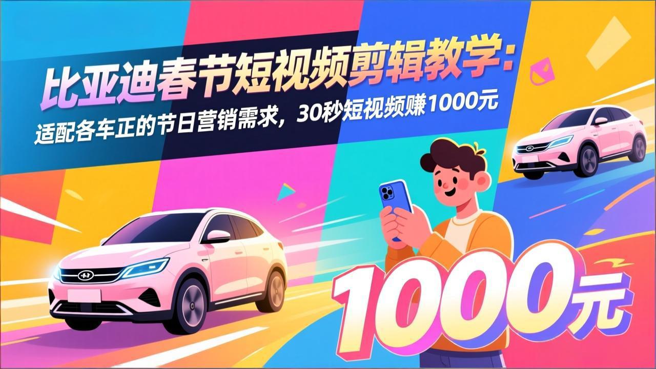 比亚迪春节短视频剪辑教学：适配各车企的节日营销需求，30秒短视频赚1000元-冒泡网