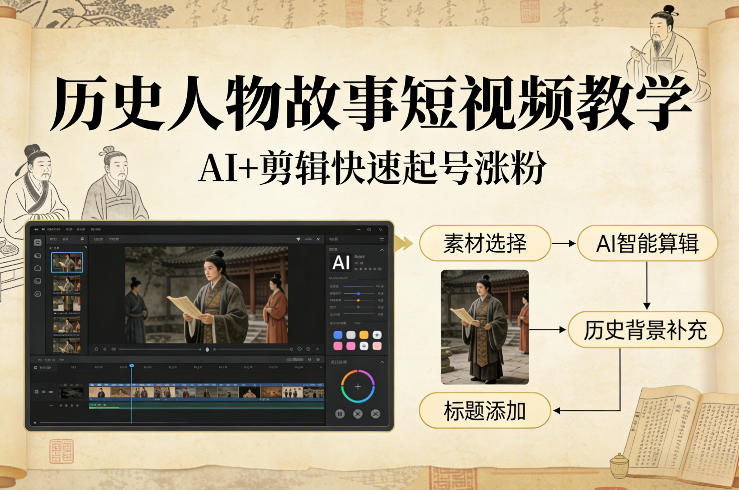 历史人物故事短视频教学，AI+剪辑制作历史人物题材短视频，快速起号涨粉-冒泡网