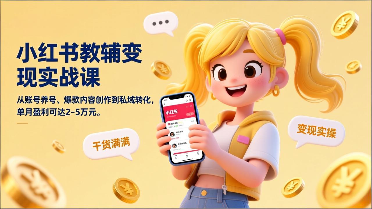 小红书教辅变现实战课，从账号养号、爆款内容创作到私域转化，单月盈利可达2-5万元-冒泡网