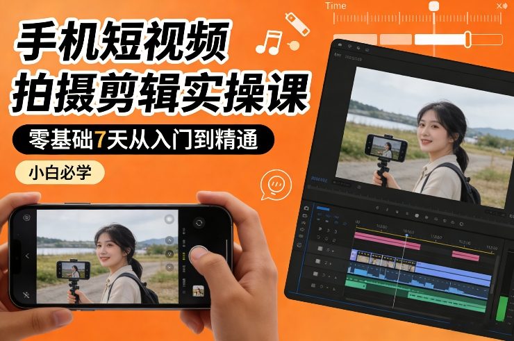 手机短视频拍摄剪辑实操课，零基础7天从入门到精通，小白必学-冒泡网