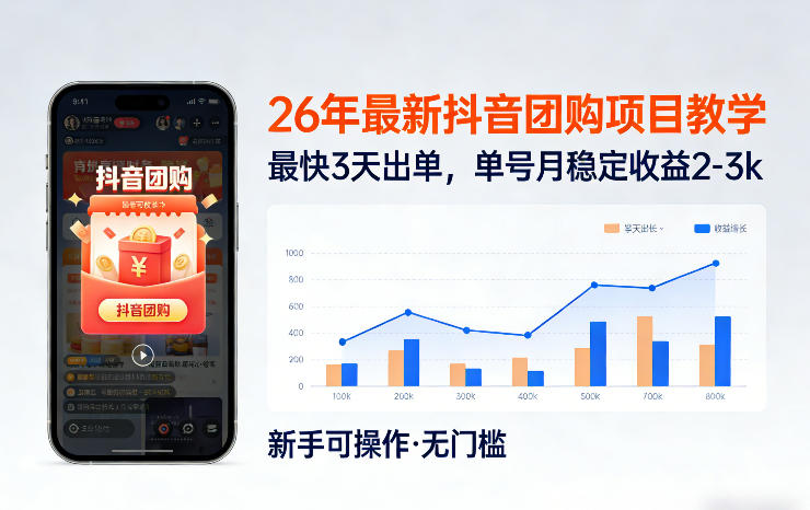 26年最新抖音团购项目教学，0门槛，最快3天出单，单号月稳定收益2-3k-冒泡网