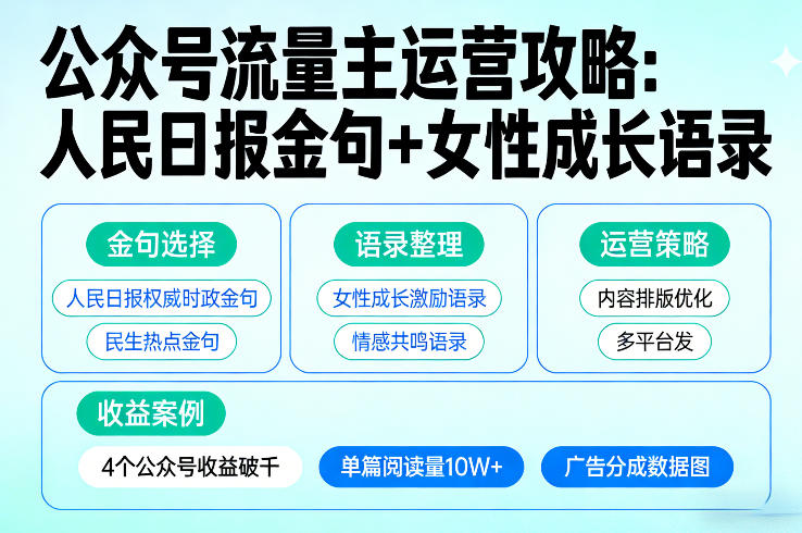 利用人民日报金句+女性成长语录做公众号流量主，4个公众号收益破千-冒泡网
