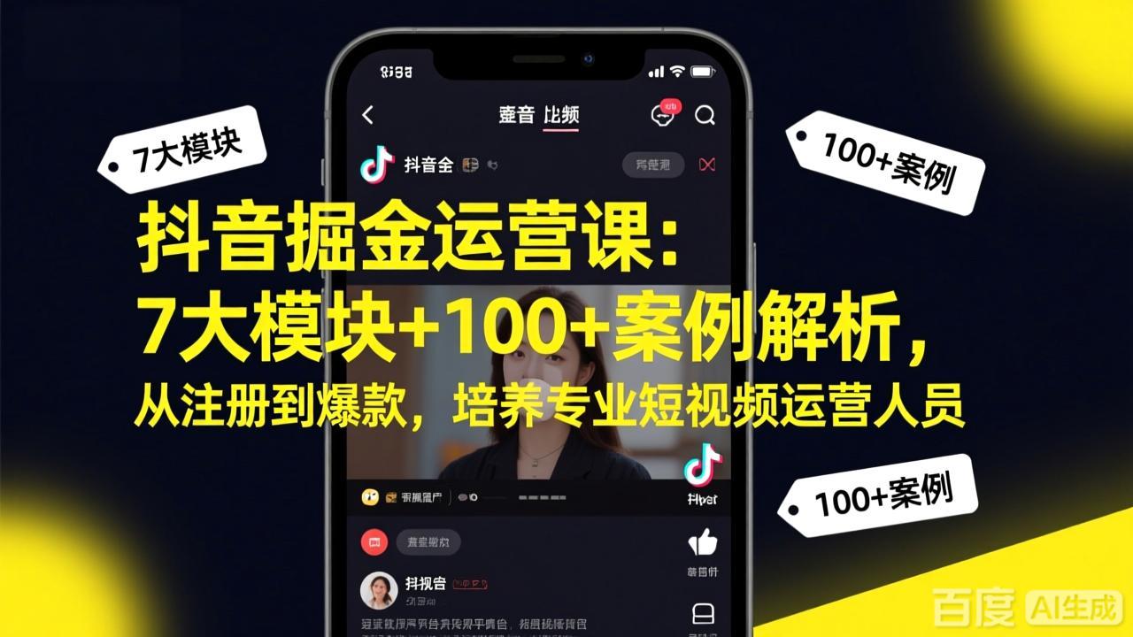 抖音掘金运营课：7大模块+100+案例解析，从注册到爆款，培养专业短视频运营人员-冒泡网