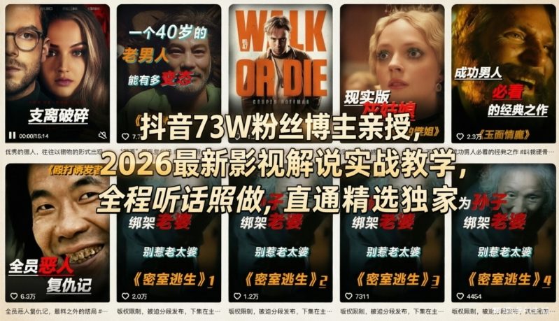 抖音73W粉丝博主亲授，2026最新影视解说实战教学，全程听话照做，直通精选独家-冒泡网