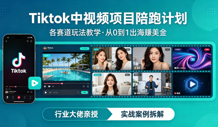 某大佬的Tiktok中视频项目陪跑，涵盖TK各个赛道玩法教学，从0到1出海賺美金-冒泡网