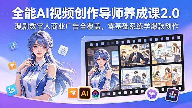 全能AI视频创作导师养成课2.0，漫剧数字人商业广告全覆盖，零基础系统学爆款创作-冒泡网