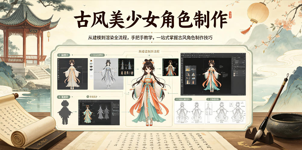 古风美少女角色制作，从建模到渲染全流程，手把手教学，一站式掌握古风角色制作技巧-冒泡网