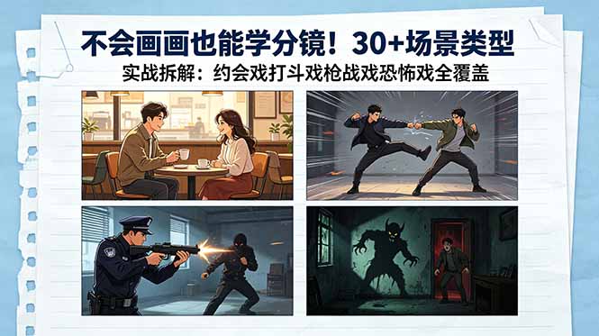 不会画画也能学分镜！30+场景类型实战拆解：约会戏打斗戏枪战戏恐怖戏全覆盖-冒泡网