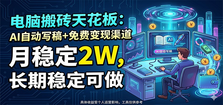 电脑搬砖天花板：AI自动写稿+免费变现渠道，月稳定2W，长期稳定可做-冒泡网