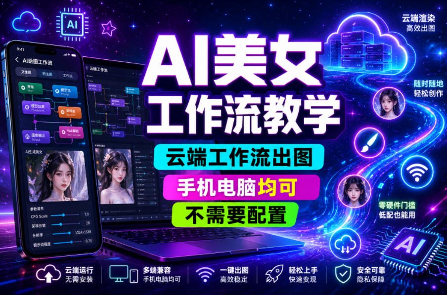 AI美女工作流教学，云端工作流出图，手机电脑均可，不需要配置，快速起号涨粉-冒泡网