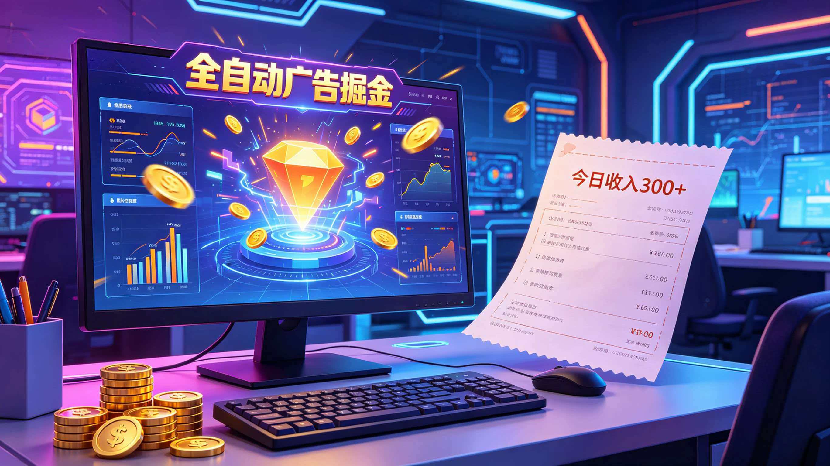 全自动广告掘金，日入300+。全程Ai自动化运行，解放双手，时间自由。收益稳定-冒泡网