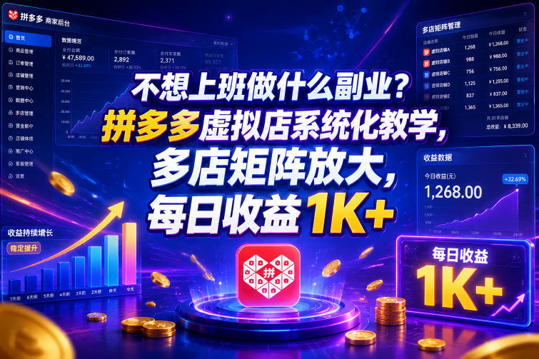不想上班做什么副业？拼多多虚拟店系统化教学，多店矩阵放大，每日收益1K+【揭秘】-冒泡网