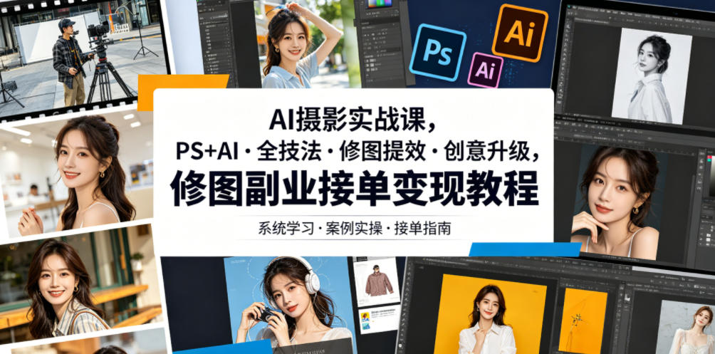 AI摄影实战课，PS+AI・全技法・修图提效・创意升级，修图副业接单变现教程-冒泡网
