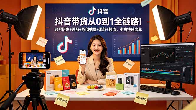 抖音带货从0到1全链路！账号搭建+选品+原创拍摄+混剪+投流，小白快速出单-冒泡网