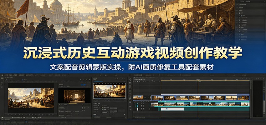 沉浸式历史互动游戏视频创作教学：文案配音剪辑蒙版实操，附AI画质修复工具配套素材-冒泡网