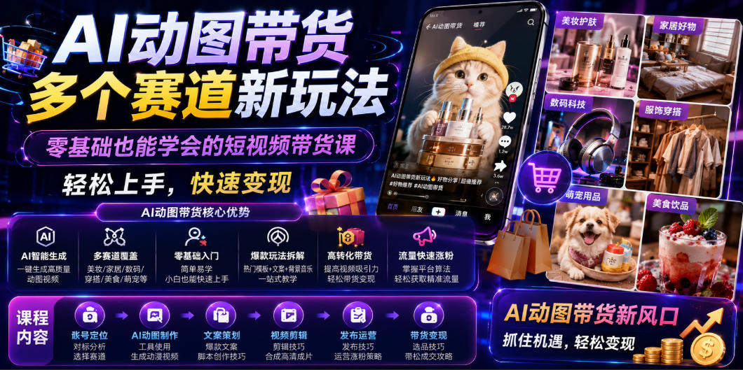 AI动图带货多个赛道新玩法，零基础也能学会的短视频带货课，轻松上手，快速变现-冒泡网