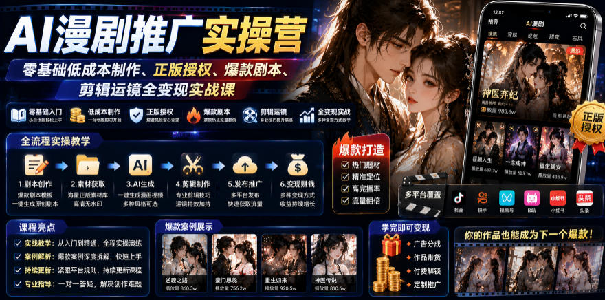 AI漫剧推广实操营｜零基础低成本制作、正版授权、爆款剧本、剪辑运镜全变现实战课-冒泡网
