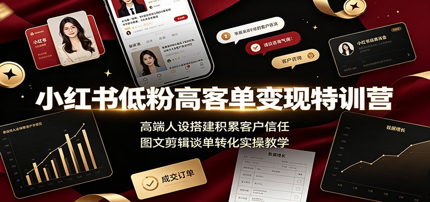 小红书低粉高客单变现特训营：高端人设搭建积累客户信任，图文剪辑谈单转化实操教学-冒泡网
