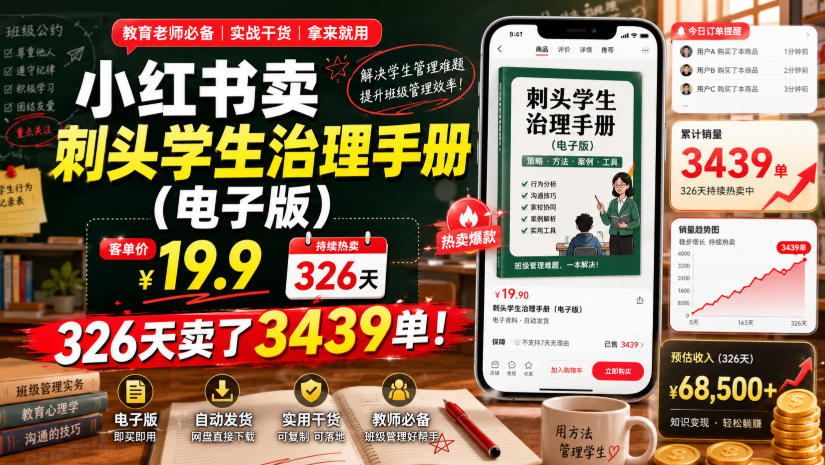 小红书卖刺头学生治理手册(电子版)，客单价19.9，326天卖了3439单！-冒泡网