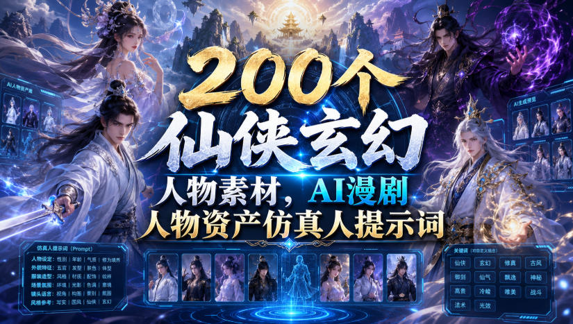 200个仙侠玄幻人物素材，AI漫剧人物资产仿真人提示词-冒泡网