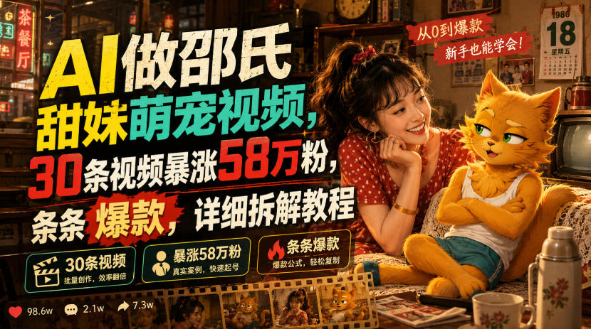 AI做邵氏甜妹萌宠视频，30条视频暴涨58万粉，条条爆款，详细拆解教程-冒泡网