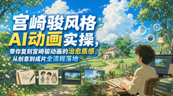 宫崎骏风格AI动画实操，带你复刻宫崎骏动画的治愈质感，从创意到成片全流程落地-冒泡网