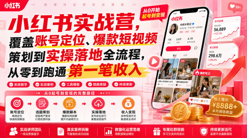 小红书实战营，覆盖账号定位、爆款短视频策划到实操落地全流程，从零到跑通第一笔收入-冒泡网
