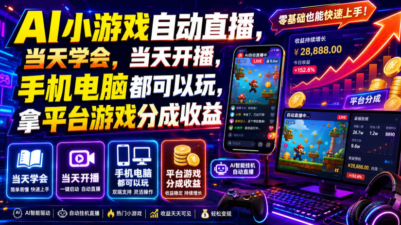 AI小游戏自动直播，当天学会，当天开播，手机电脑都可以玩，拿平台游戏分成收益-冒泡网