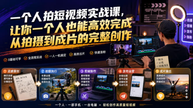 一个人拍短视频实战课，让你一个人也能高效完成从拍摄到成片的完整创作-冒泡网