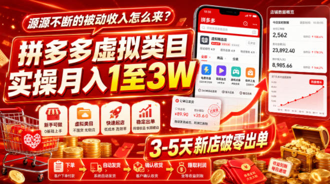 源源不断的被动收入怎么来？拼多多虚拟类目实操月入1至3W，3-5天新店破零出单-冒泡网