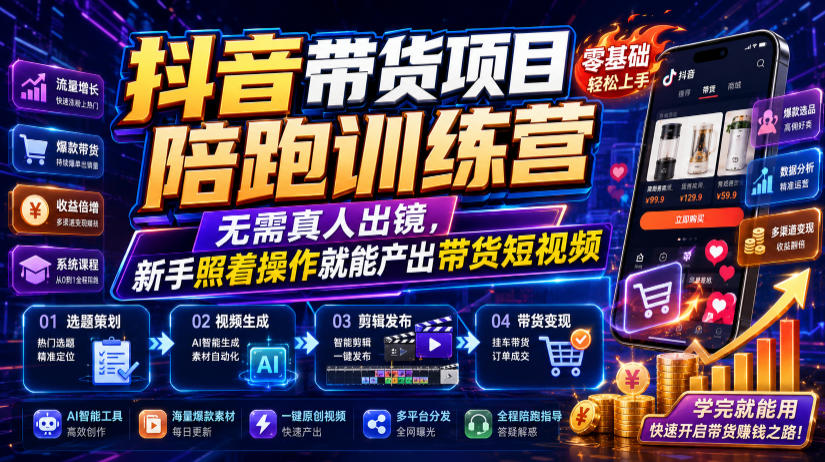 抖音带货项目陪跑训练营，无需真人出镜，新手照着操作就能产出带货短视频-冒泡网