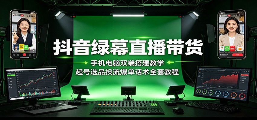 抖音绿幕直播带货：手机电脑双端搭建教学，起号选品投流爆单话术全套教程-冒泡网