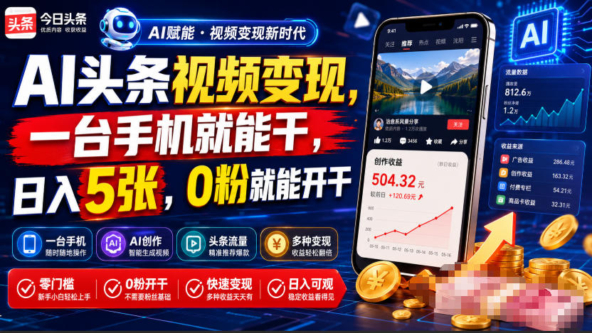 AI头条视频变现，一台手机就能干，日入5张，0粉就能开干-冒泡网