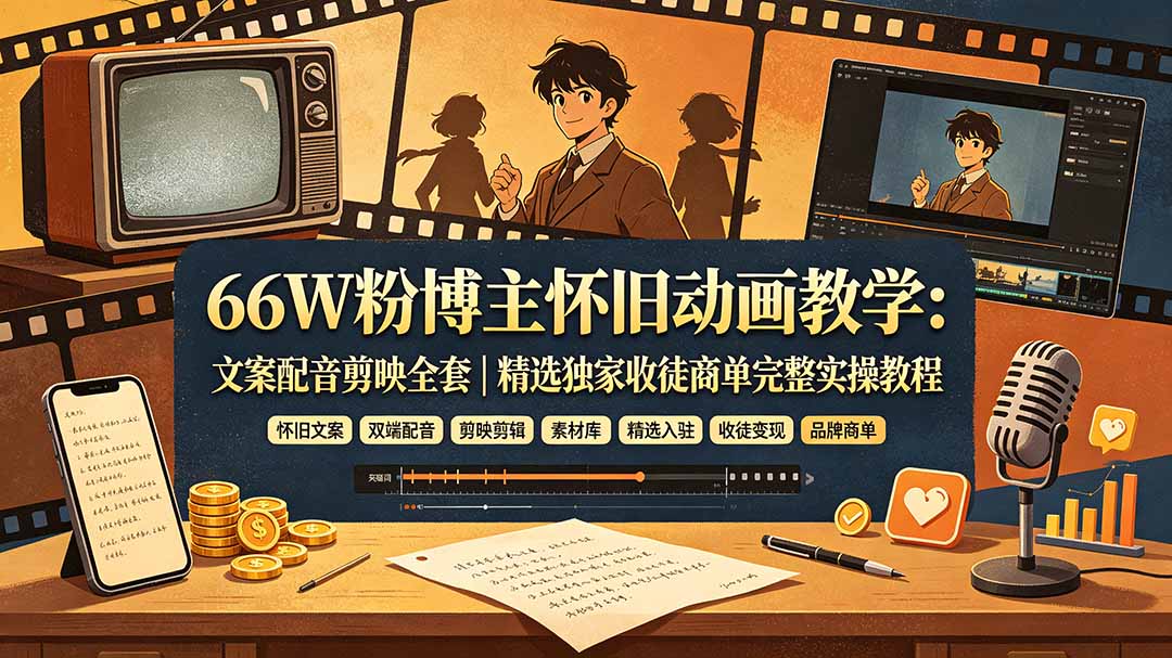 66W粉博主怀旧动画教学：文案配音剪映全套｜精选独家收徒商单完整实操教程-冒泡网