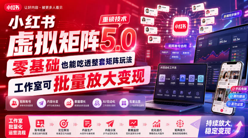 小红书虚拟矩阵5.0重磅技术，零基础也能吃透整套矩阵玩法，工作室可批量放大变现-冒泡网