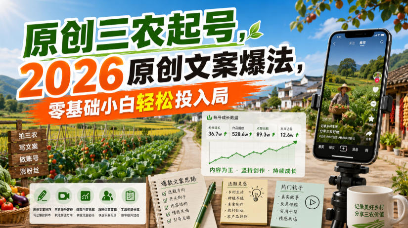 原创三农起号，2026原创文案爆法，零基础小白轻松投入局-冒泡网