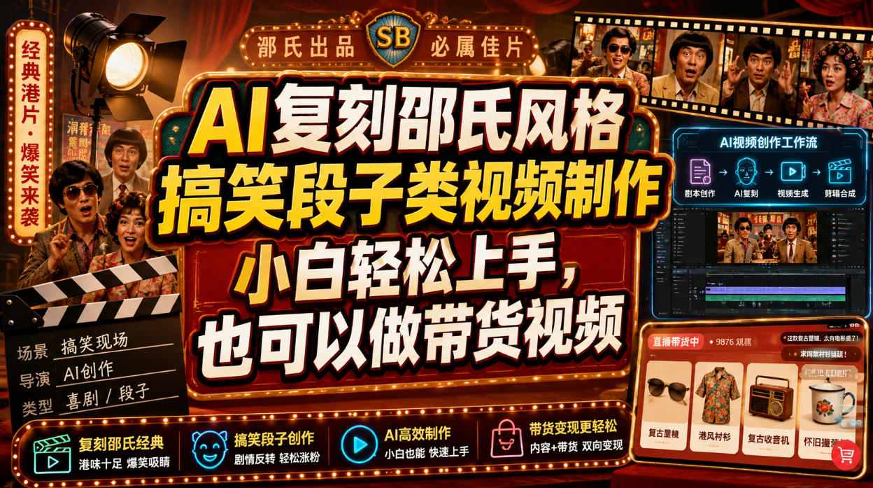 AI复刻邵氏风格搞笑段子类视频制作，小白轻松上手，也可以做带货视频-冒泡网