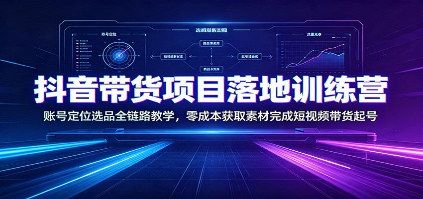 抖音带货项目落地训练营：账号定位选品全链路教学，零成本获取素材完成短视频带货起号-冒泡网