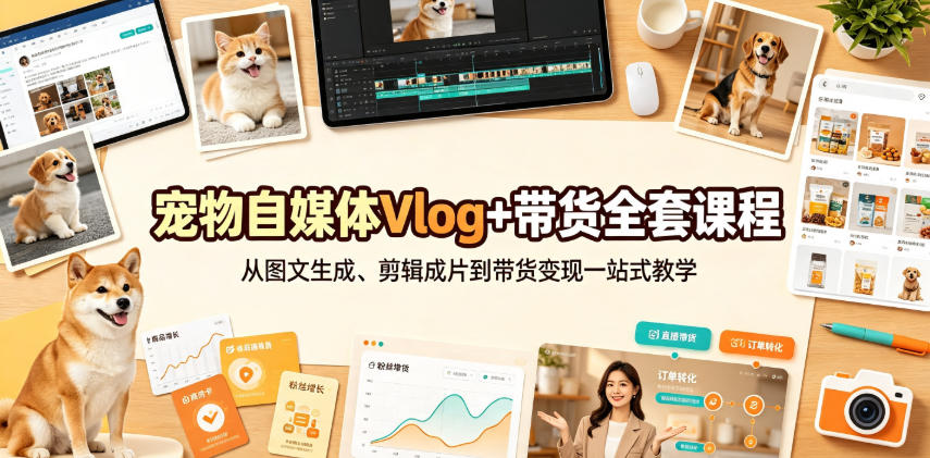 宠物自媒体Vlog+带货全套课程｜从图文生成、剪辑成片到带货变现一站式教学-冒泡网