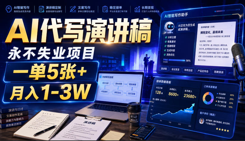 AI代写演讲稿，永不失业项目，一单5张+，月入1-3W【揭秘】-冒泡网