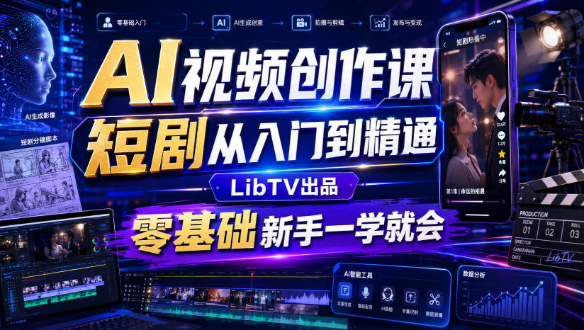 AI视频创作课，短剧从入门到精通，LibTV出品，零基础新手一学就会-冒泡网